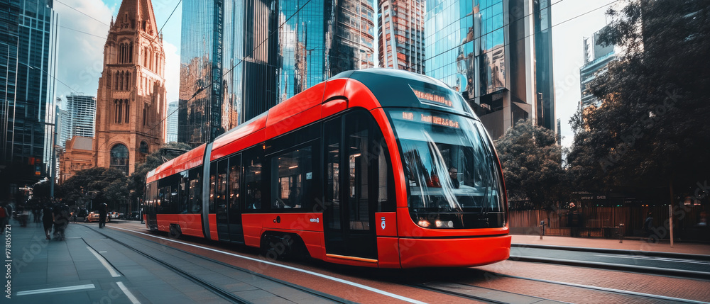 A red city bus is driving down a street in a city. The bus is ...