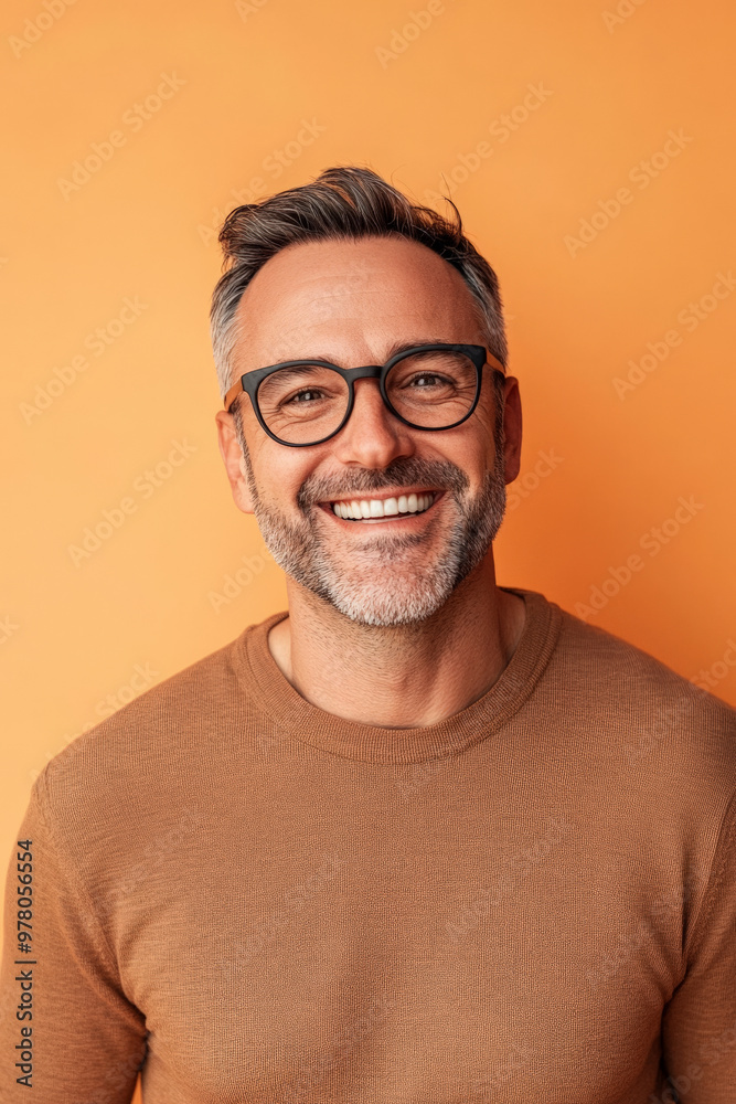 Middle-aged Caucasian man with glasses, friendly, approachable smile, against a light orange background, conveying confidence and cheerfulness.