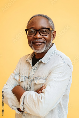 Senior African American man with glasses, gentle smile, standing confidently against a light yellow background, conveying friendliness and warmth.