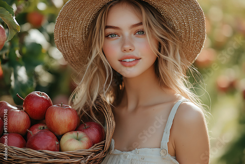 Photo of a cute girl standing in a garden, holding a wicker basket full of apples. Bright, natural setting with lush greenery and ripe fruit. 