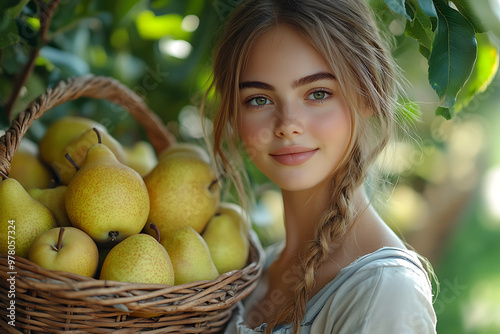 A cute girl stands in a garden holding a wicker basket filled with fresh pears. Lush greenery and a natural outdoor setting create a vibrant, farm-like atmosphere. 