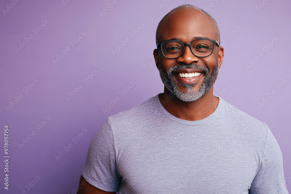 Middle-aged Black man with glasses, warm smile, friendly expression, standing confidently against a light purple background, radiating approachability and openness. Middle-aged Black man with glasses, warm smile, friendly expression, standing confidently against a light purple background, radiating approachability and openness.