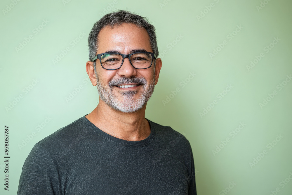 Middle-aged Brazilian man with glasses, friendly and confident smile, standing against a soft light green background, radiating warmth and positivity. Middle-aged Brazilian man with glasses, friendly and confident smile, standing against a soft light green background, radiating warmth and positivity.