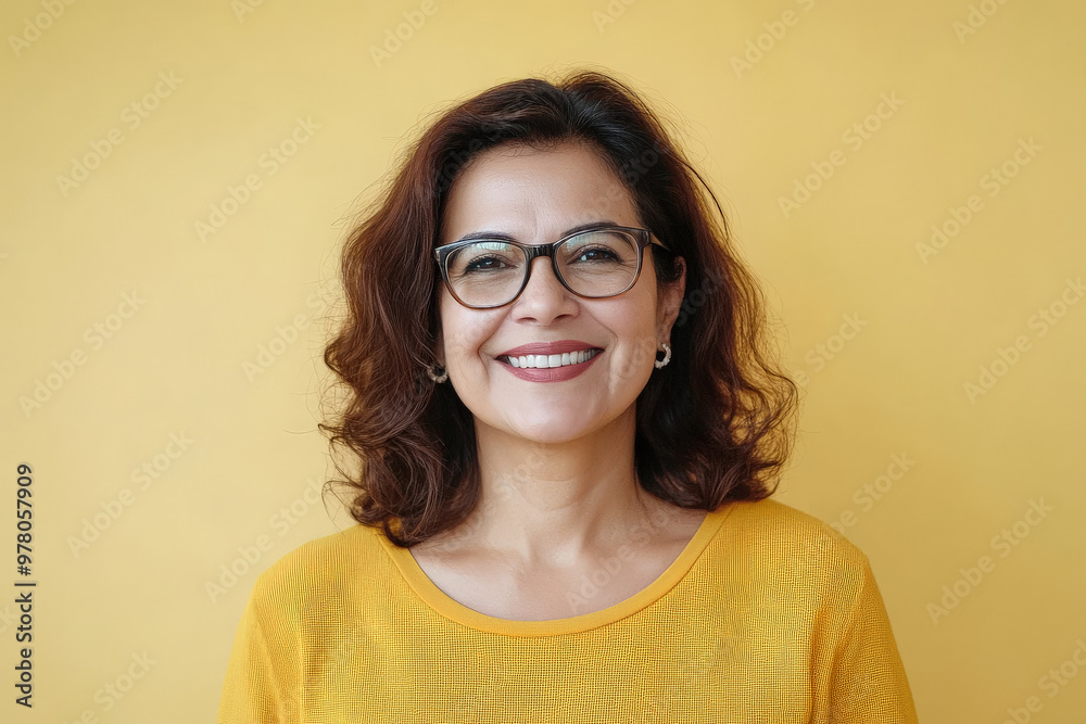 Middle-aged Hispanic woman with glasses, smiling warmly, standing against a soft yellow background, showing confidence and positivity. Middle-aged Hispanic woman with glasses, smiling warmly, standing against a soft yellow background, showing confidence and positivity.