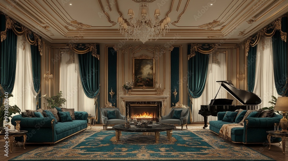 Formal living room with elegant sofas, fireplace, grand piano, soft chandelier lighting Formal living room with elegant sofas, fireplace, grand piano, soft chandelier lighting