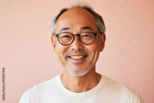 Middle-aged Japanese man with glasses, smiling warmly, radiating calm and friendliness, set against a light pink background, showing a balanced and open personality.