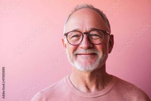 Senior Caucasian man with glasses, warm and gentle smile, standing against a soft pastel pink background, radiating wisdom and positivity.