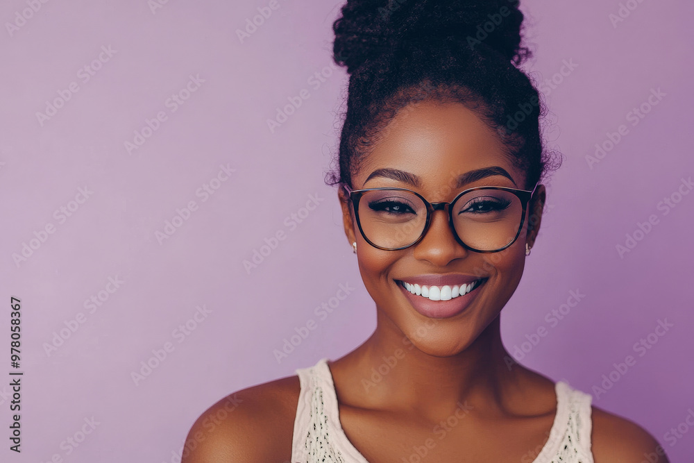 Young African American woman with glasses, smiling confidently, lively expression, standing against a soft lavender background, exuding vibrant, positive energy. Young African American woman with glasses, smiling confidently, lively expression, standing against a soft lavender background, exuding vibrant, positive energy.