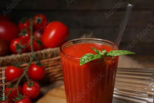 Wallpaper Mural Glass of tasty tomato juice on wooden background Torontodigital.ca