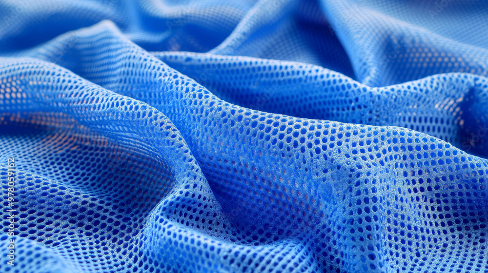 A bright blue sports fabric with visible mesh holes, designed for ventilation. The fabric is laid out with a few creases, allowing the texture to catch the light A bright blue sports fabric with visible mesh holes, designed for ventilation. The fabric is laid out with a few creases, allowing the texture to catch the light
