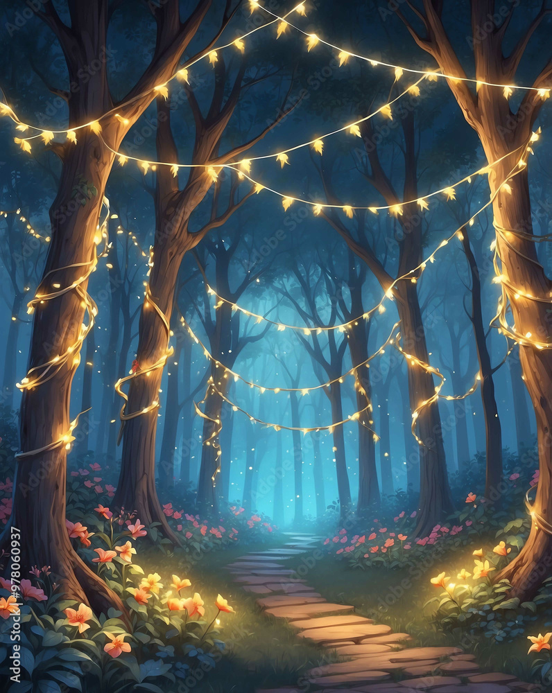 Fotografie Garland and lights wrapped around trees