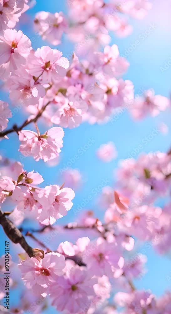 Spring flowers bloom Cherry Blossom Blossoming Cherry Tree In Full Bloom On Blue pink Sky Background Sakura Flower Japanese Garden in Spring Flowering of a Fruitful Plant Fresh Blossoms Petals anim 4k