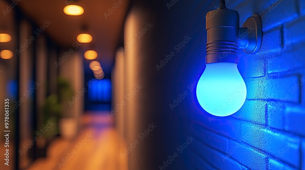 LED night light bulb with a soft blue glow, in a hallway, creating a comforting atmosphere, dim nighttime lighting LED night light bulb with a soft blue glow, in a hallway, creating a comforting atmosphere, dim nighttime lighting