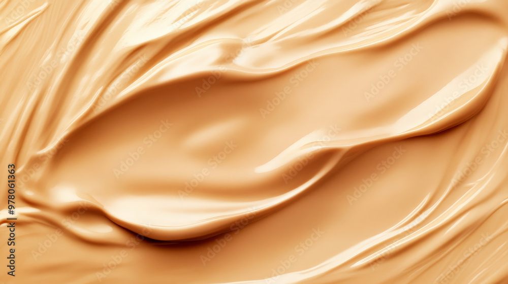 Obraz premium A creamy liquid foundation in a warm, golden beige hue, with a smooth, flowing texture. The background has subtle swirls and a reflective sheen, highlighting the richness of the cream.