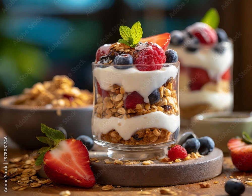 Refreshing breakfast parfaits with depth of field highlighting layers of yogurt, fruits, and granola