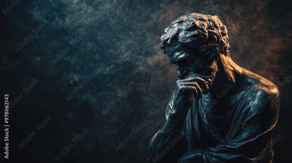 Obraz premium Bronze statue of bearded man in deep thought with hand on chin, dark textured background