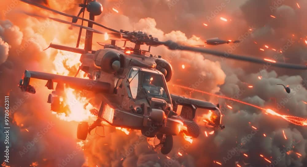 Military Attack Helicopter in Flight with Blurry Light Streaks