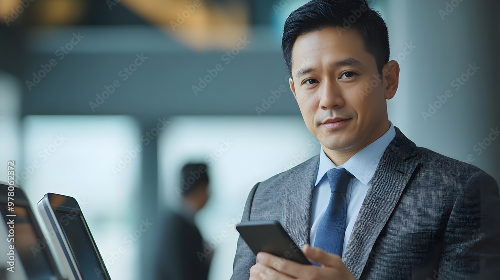 Confident Businessman Holding Smartphone in Modern Office Setting Confident Businessman Holding Smartphone in Modern Office Setting