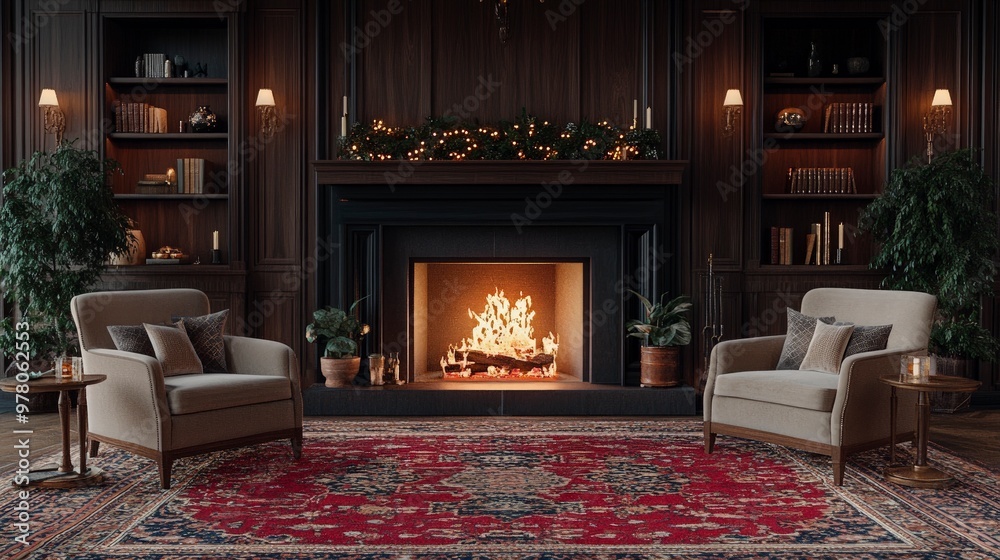 Fototapeta premium Living room with a fireplace, cozy armchairs, large area rug, warm evening lighting