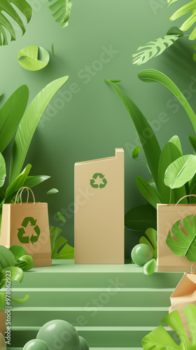 reen Eco Packaging with Recycle Symbol and Tropical Leaves photo