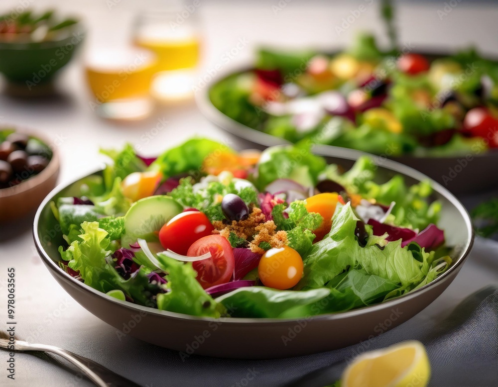 Refreshing gluten-free salads with depth of field highlighting fresh greens and nutritious toppings Refreshing gluten-free salads with depth of field highlighting fresh greens and nutritious toppings