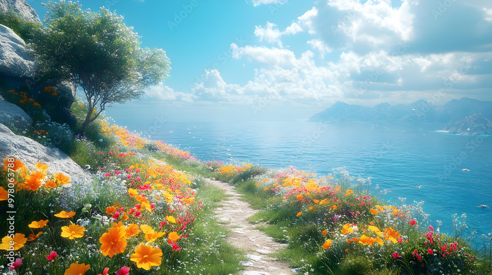 Naklejka premium Sunny Day Landscape with a Stone Path Through Wildflowers