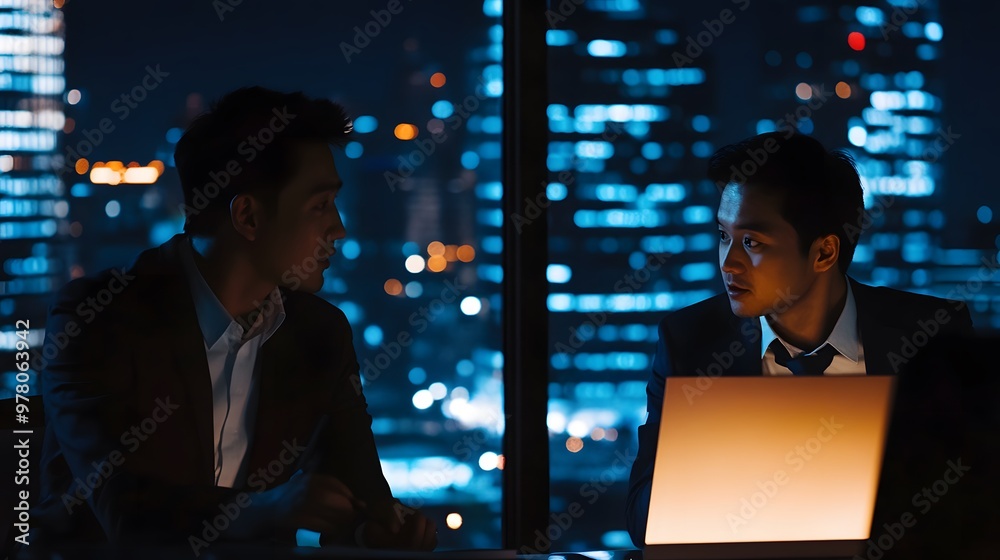 Two Men in Suits Talking in a City at Night Two Men in Suits Talking in a City at Night