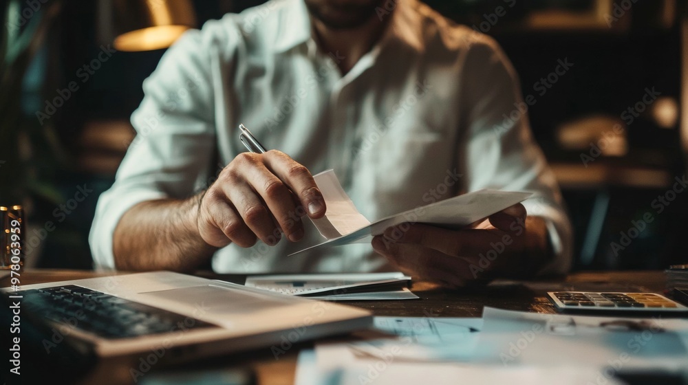Businessman reviewing documents at a desk in low light Businessman reviewing documents at a desk in low light