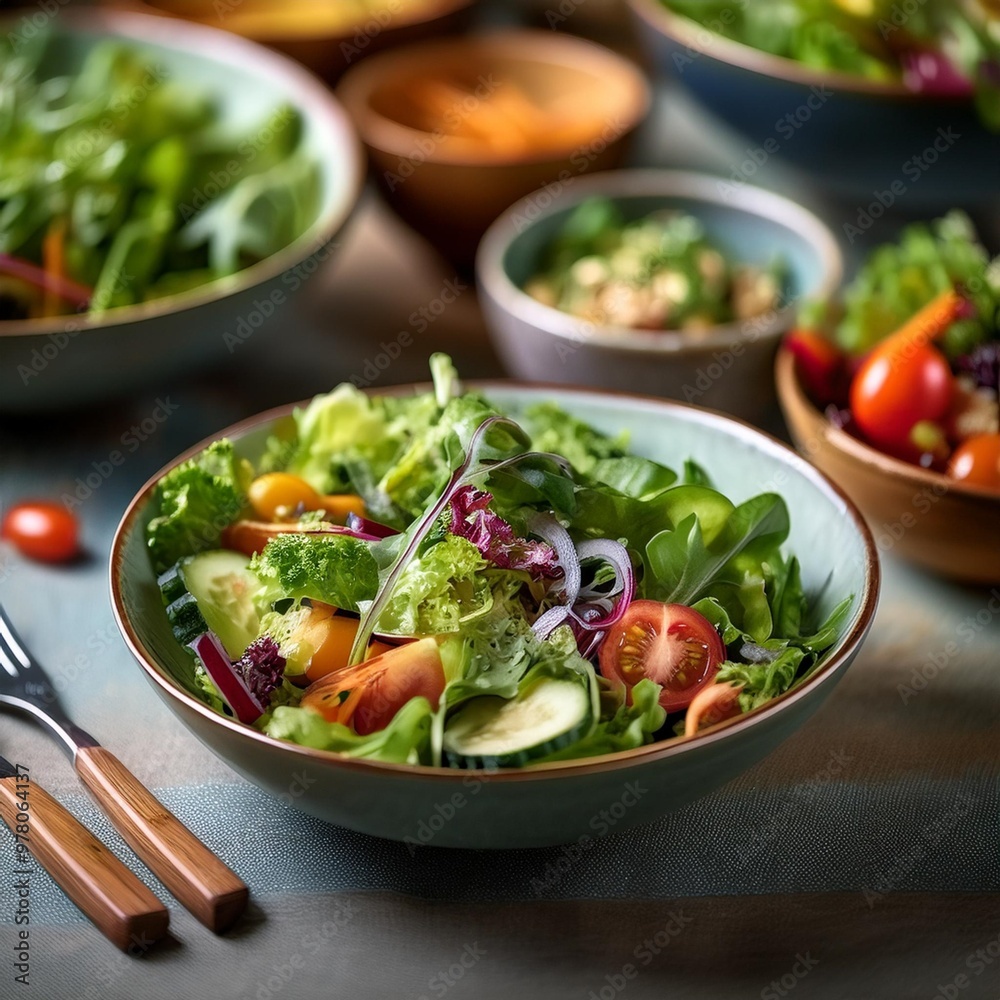Refreshing gluten-free salads with depth of field highlighting fresh greens and nutritious toppings