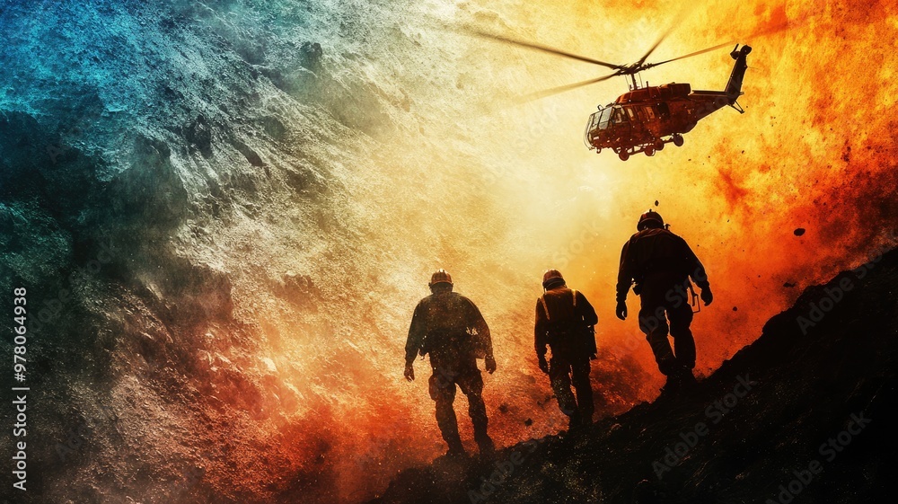 Fototapeta premium Three firefighters in action with helicopter amid intense smoke and flames