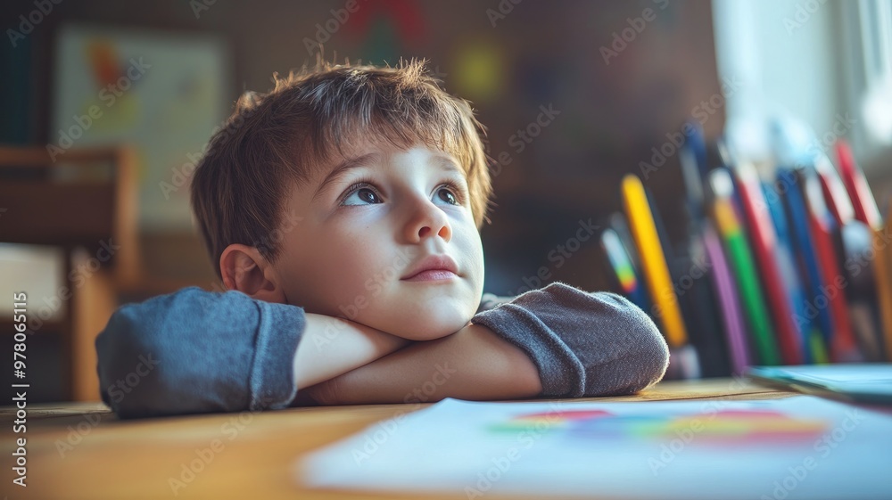 Caucasian boy in classroom looking thoughtful, surrounded by colorful pens and papers Caucasian boy in classroom looking thoughtful, surrounded by colorful pens and papers
