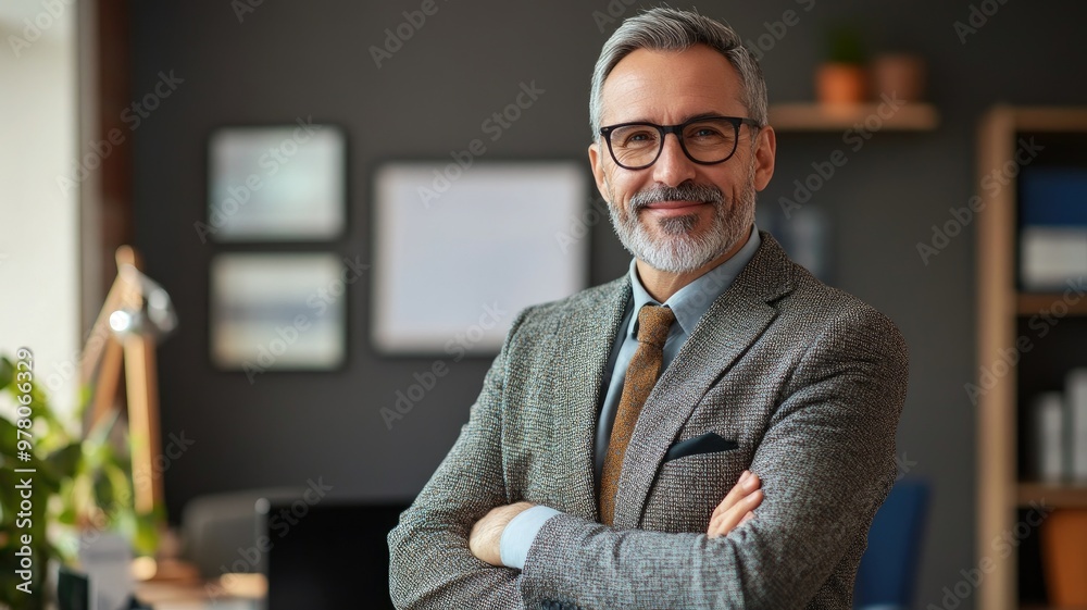 Confident mature man with crossed arms in office, smiling Confident mature man with crossed arms in office, smiling