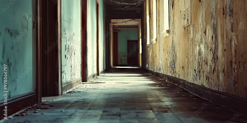 Fototapeta premium Hollow Echoes of Emptiness: An abandoned hallway, reverberating with the silence of forgotten promises and unheard whispers.