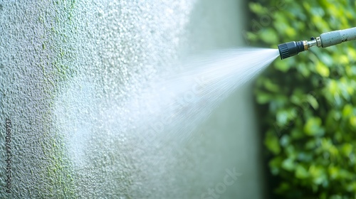 An old, neglected wall, slimy with mold, being cleaned by the powerful spray of a high-pressure washer photo