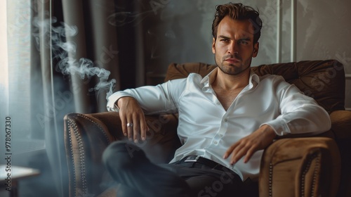 Stylish man relaxing in a cozy armchair with smoke