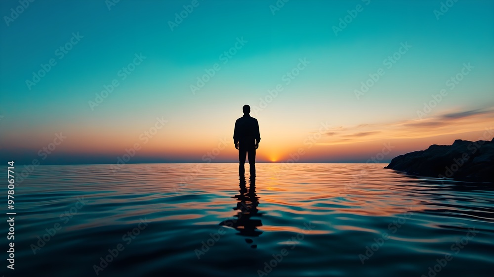 ocean horizon, endless sea, calm, reflective, vast, close up, focus on, copy space, cool tones, smooth textures, Double exposure silhouette with a person standing by the water ocean horizon, endless sea, calm, reflective, vast, close up, focus on, copy space, cool tones, smooth textures, Double exposure silhouette with a person standing by the water