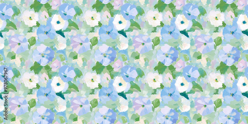 a fun-loving, dreamy and clean pattern of morning glories painted in an impressionistic style with gouache photo