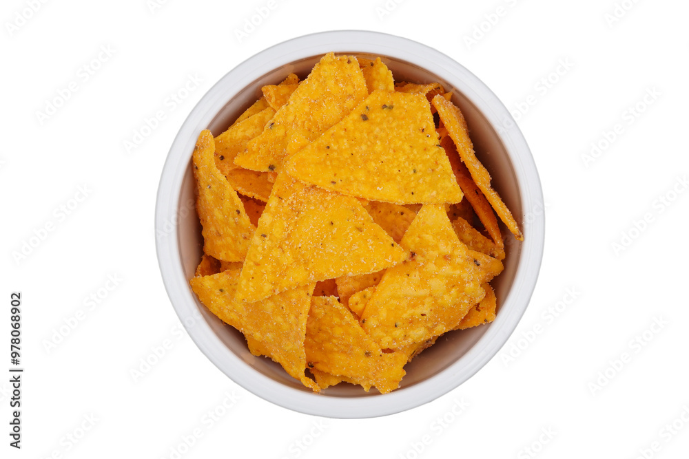Nacho chips in white bowl isolated transparent Nacho chips in white bowl isolated transparent