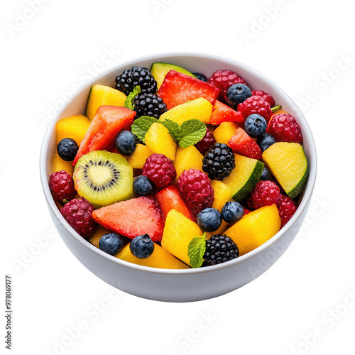 A vibrant bowl of mixed fruits featuring berries, kiwi, mango, and mint, isolated on a transparent or white background.