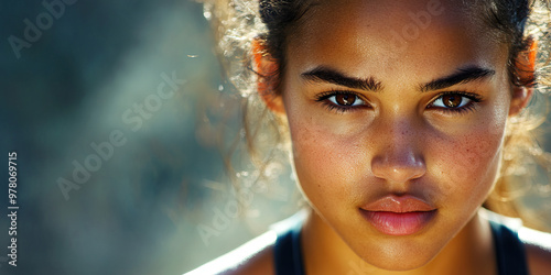 Attentive Athlete: A young woman's determined expression while stretching before a workout.