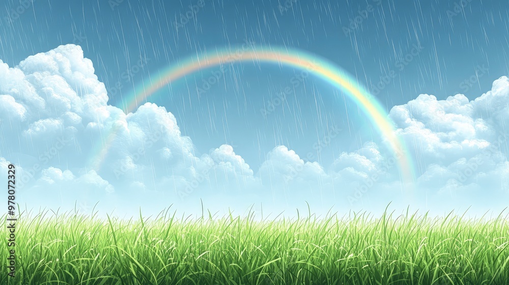 Spring rain in a meadow, fresh green grass, rainbows forming, bright afternoon lighting Spring rain in a meadow, fresh green grass, rainbows forming, bright afternoon lighting