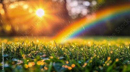 Spring rain in a meadow, fresh green grass, rainbows forming, bright afternoon lighting
