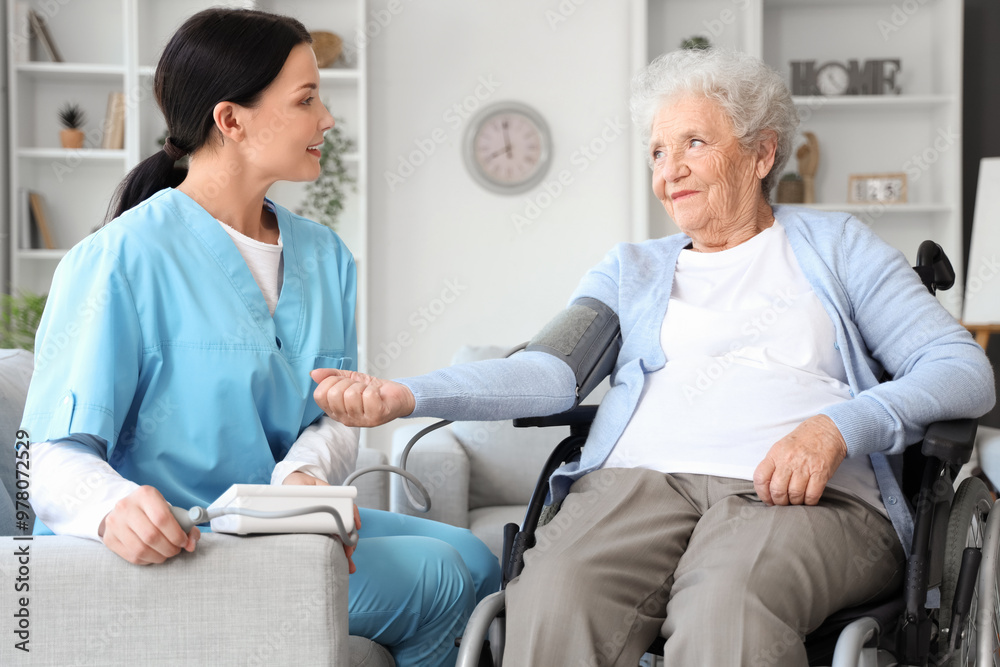 Female nurse measuring blood pressure of senior woman in wheelchair at home