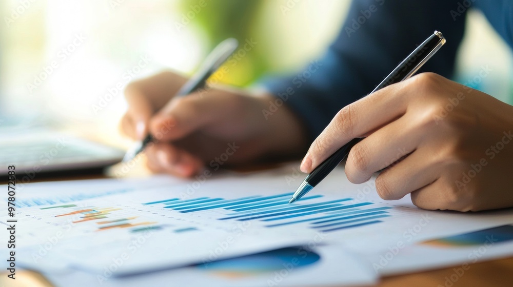 Close-up of hands analyzing financial charts with a pen Close-up of hands analyzing financial charts with a pen