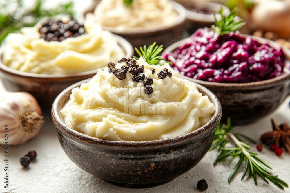 Assorted creamy dips served in rustic black bowls garnished with fresh herbs and berries representing creative food presentation and gourmet flavor combinations Assorted creamy dips served in rustic black bowls garnished with fresh herbs and berries representing creative food presentation and gourmet flavor combinations