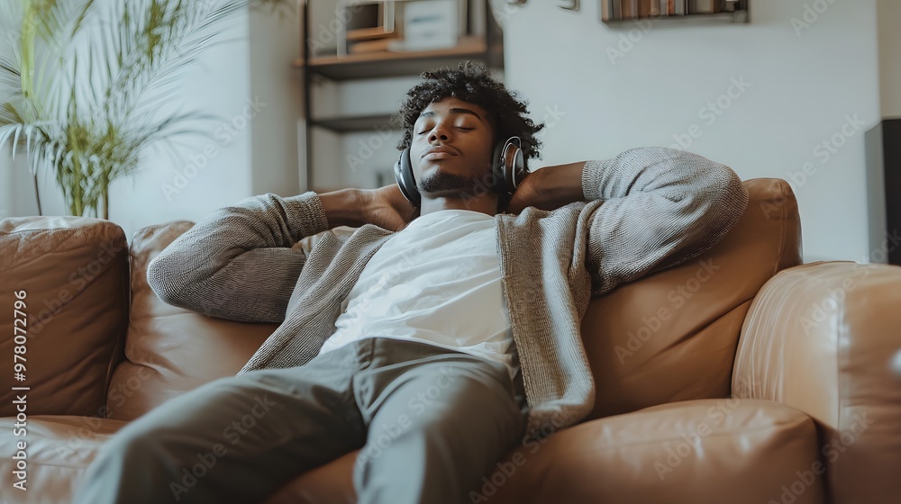 Obraz premium Young man relaxing on a couch with headphones on, eyes closed