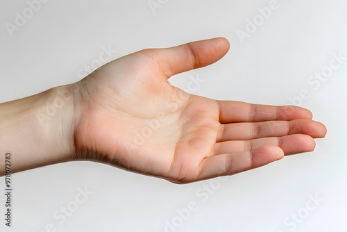 An open human hand facing upward with fingers slightly curved, set against a clean white background, creating a simple and clear presentation.