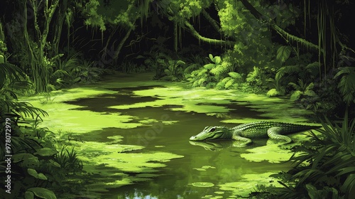 Swamp with crocodiles lurking, dense algae covering the water, mangroves in the background, shadowy lighting