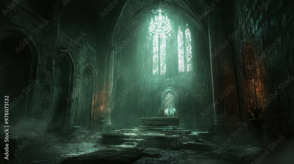 Sunbeams Illuminating a Stone Altar in a Dark, Ancient Cathedral Sunbeams Illuminating a Stone Altar in a Dark, Ancient Cathedral