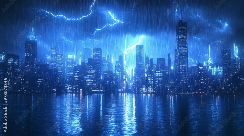 Thunderstorm over a city skyline, lightning flashing, skyscrapers silhouetted, dramatic dark lighting Thunderstorm over a city skyline, lightning flashing, skyscrapers silhouetted, dramatic dark lighting